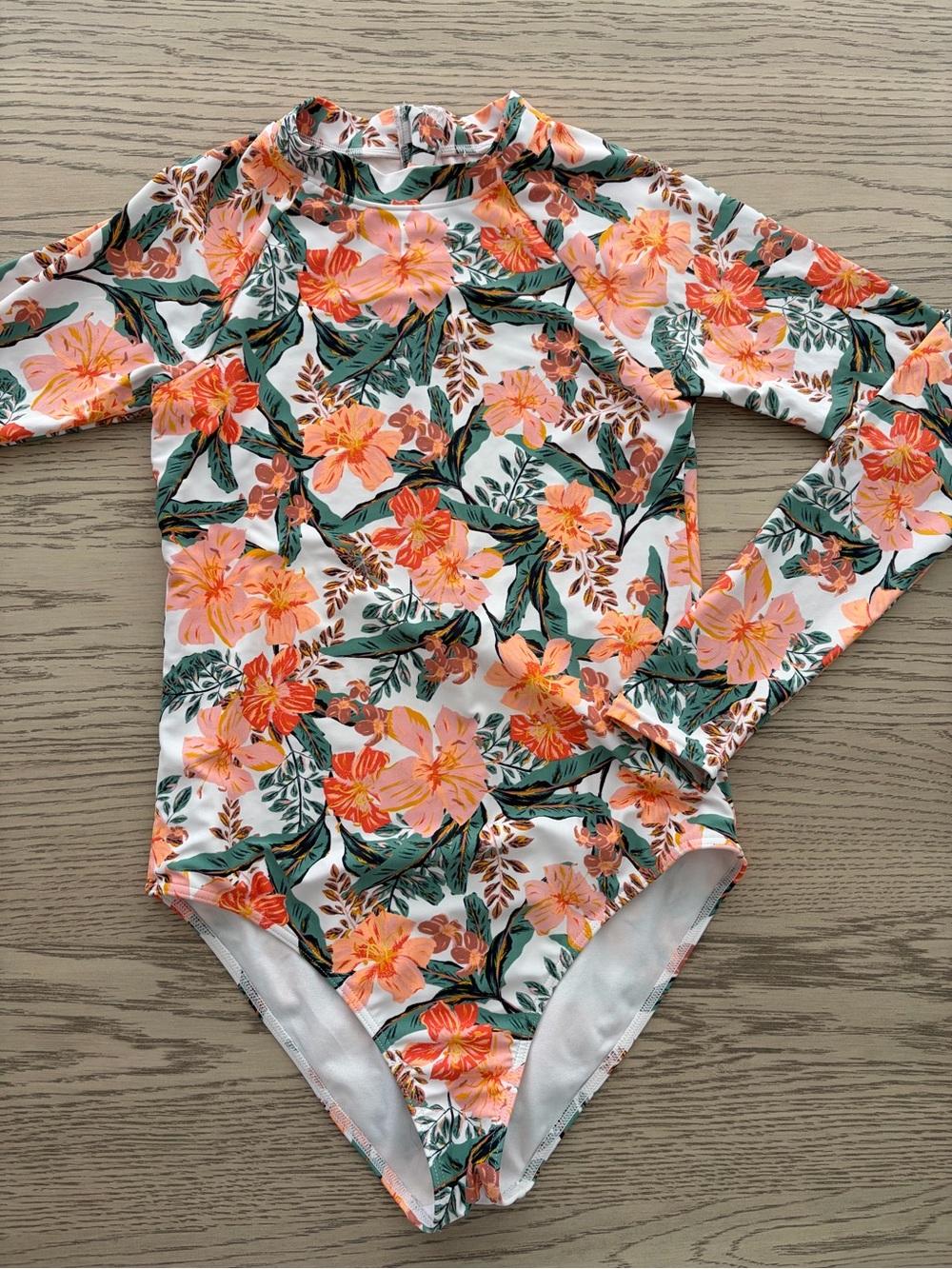 Roxy Girls Floral Long-Sleeve Rashguard - Orange & Green on White